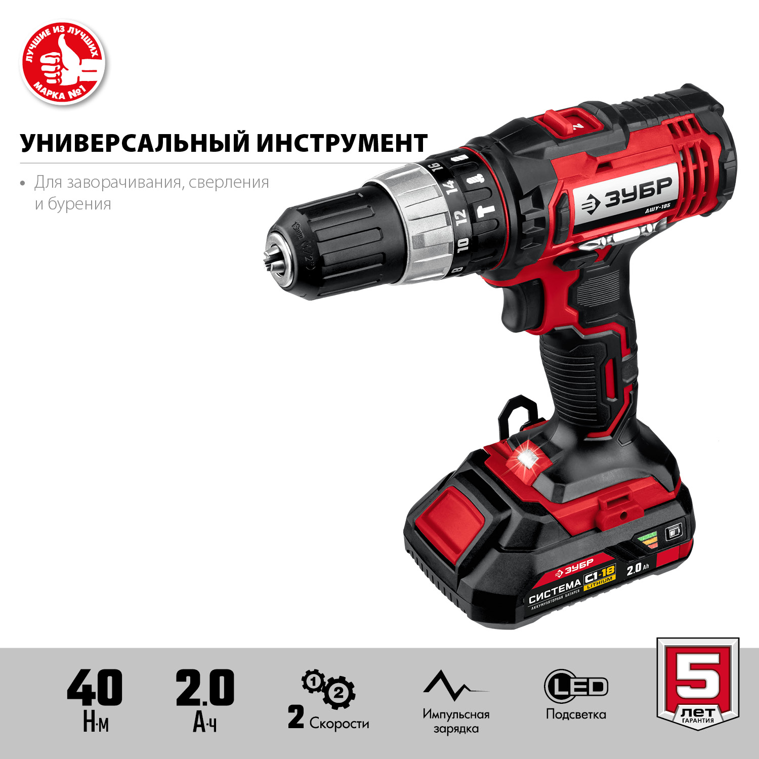 Дрель-шуруповерт ударная, 2 АКБ (2 Ач), в кейсе ДШУ-185-22